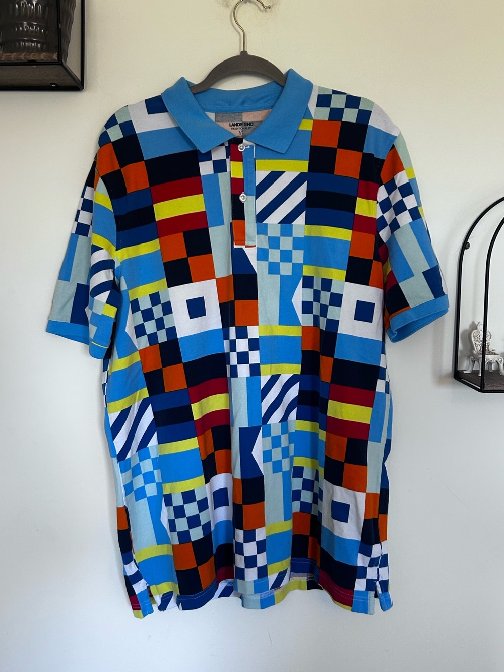 Lands End Traditional Fit Short Sleeve Mens Polo Shirt Retro Colorful Print Lrg